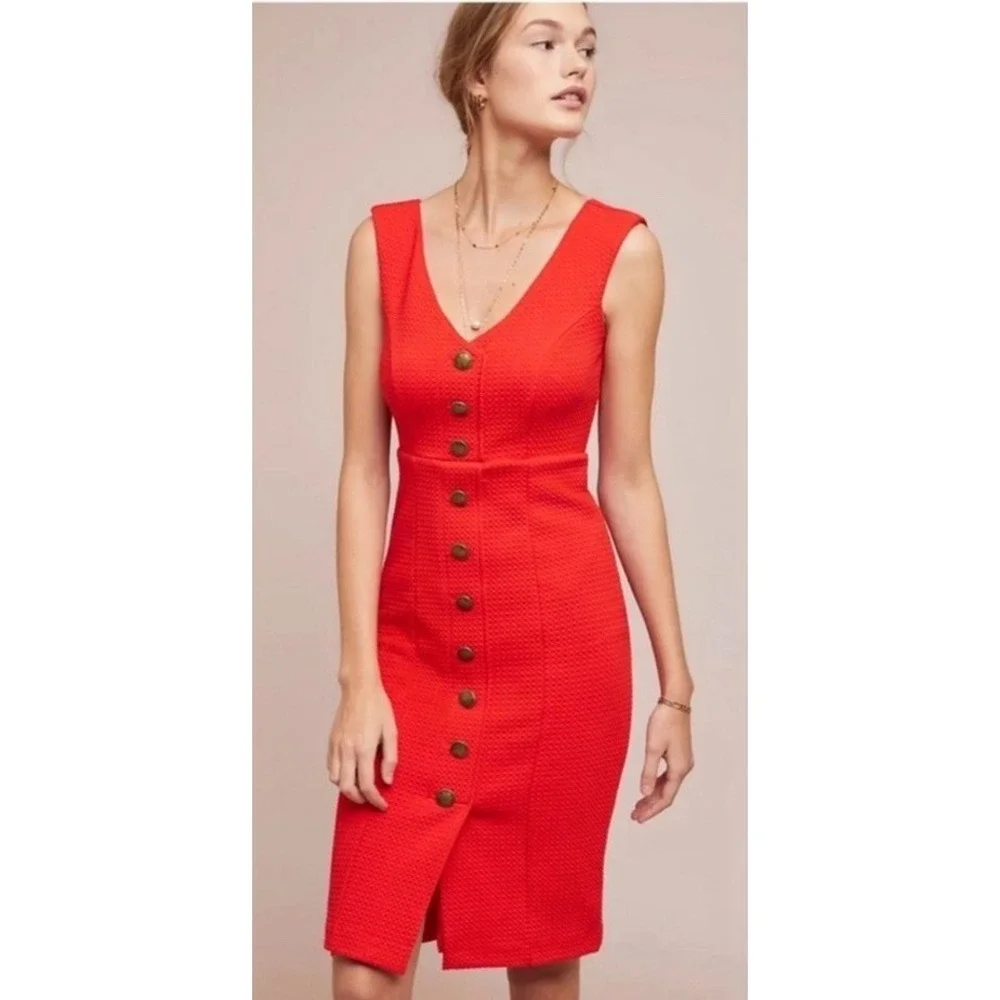 Anthropologie Maeve Dress Textured Buttons Sleeveless Red V-Neck Size X-Small - Picture 11 of 11